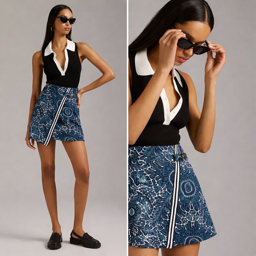Maeve Anthropologie Paisley Wrap Mini Skirt Navy Teal Striped Trim L Size M